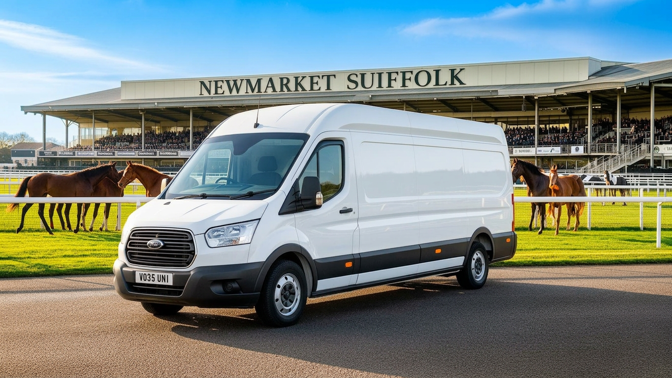 White hire van at Newmarket racecourse, Suffolk
